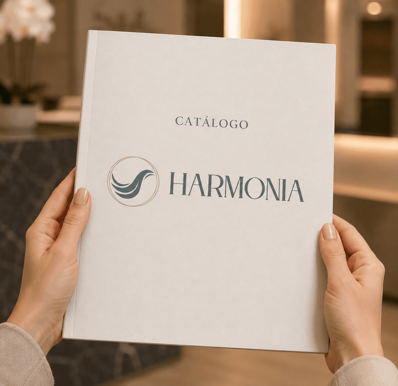 Cliente sentada na recepção do Harmonia consultando o catálogo de atendimentos