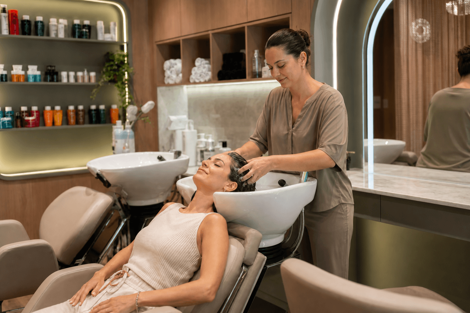 Cliente vivendo um momento de relaxamento no salão Harmonia